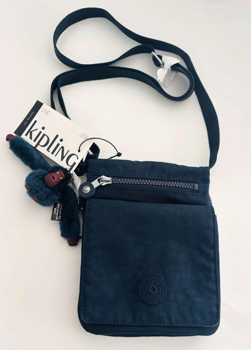 Kipling Crossbody Bag Blue w/Monkey charm Eldorado 7.5”x 6” Phone Purse Travel